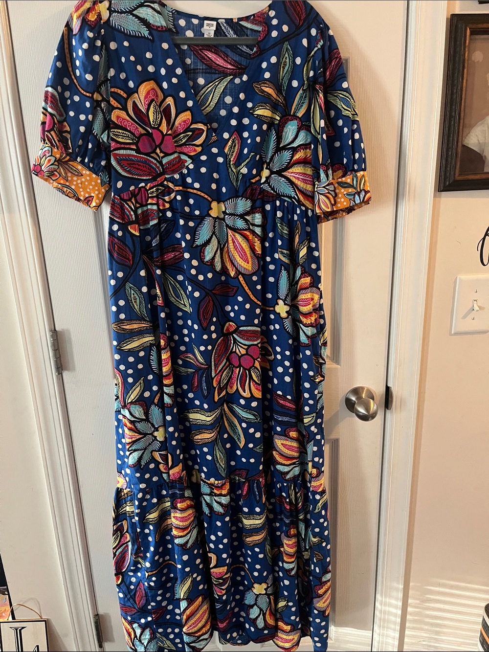 Bright Blue Floral Maxi Dress with Polka Dot Print